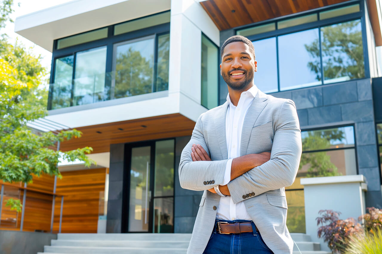Man in business attire with modern home