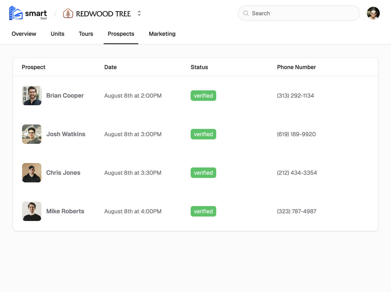 Screenshot of Prospect Screen